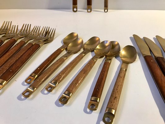 Danish Modern Brass and Teak Cutlery Set from Carl Cohr, 1960s, Set of 21-LCR-995933