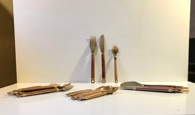 Danish Modern Brass and Teak Cutlery Set from Carl Cohr, 1960s, Set of 21-LCR-995933