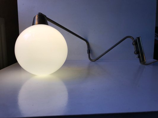 Danish Modern Brass Swing Arm Wall Light with Opaline Sphere from Laoni, 1960s-LCR-696292