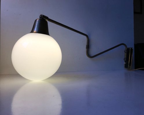 Danish Modern Brass Swing Arm Wall Light with Opaline Sphere from Laoni, 1960s-LCR-696292