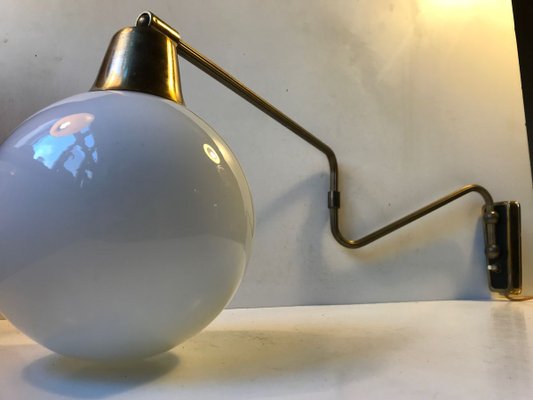 Danish Modern Brass Swing Arm Wall Light with Opaline Sphere from Laoni, 1960s-LCR-696292