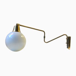 Danish Modern Brass Swing Arm Wall Light with Opaline Sphere from Laoni, 1960s-LCR-696292