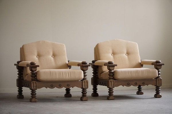 Danish Modern Brutalist Lounge Chairs in Oak attributed to Henning Kjærnulf, 1960s, Set of 2-MXF-1800837