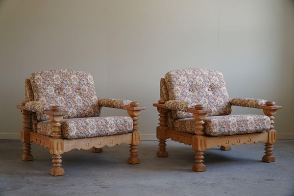 Danish Modern Brutalist Lounge Chairs in Oak attributed to Henning Kjærnulf, 1960s, Set of 2-MXF-1721449