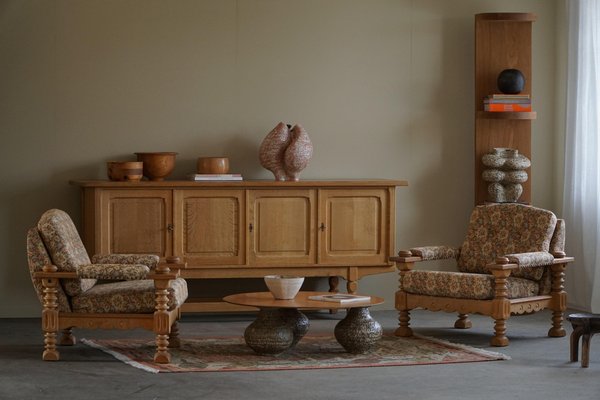 Danish Modern Brutalist Lounge Chairs in Oak attributed to Henning Kjærnulf, 1960s, Set of 2-MXF-1721449