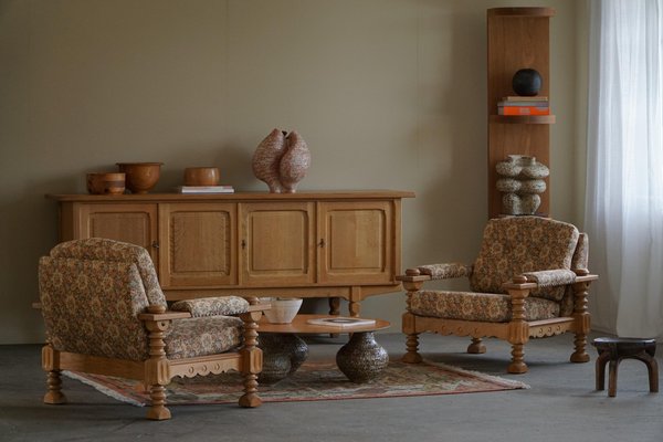 Danish Modern Brutalist Lounge Chairs in Oak attributed to Henning Kjærnulf, 1960s, Set of 2-MXF-1721449