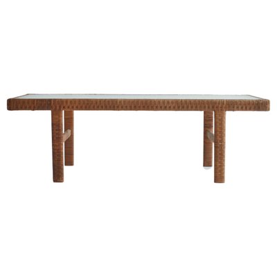 Danish Modern Coffee Table in Rattan Cane and Matt Glass by R. Wengler, 1940s-WRF-1081141