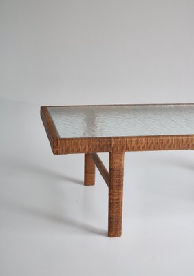 Danish Modern Coffee Table in Rattan Cane and Matt Glass by R. Wengler, 1940s-WRF-1081141