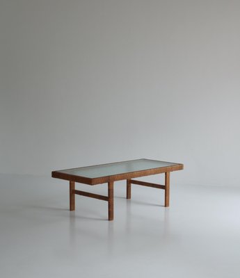 Danish Modern Coffee Table in Rattan Cane and Matt Glass by R. Wengler, 1940s-WRF-1081141