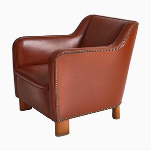 Danish Modern Easy Chair in Leather and Beech by Mogens Lassen for Fritz Hansen, 1940s-WRF-1256734