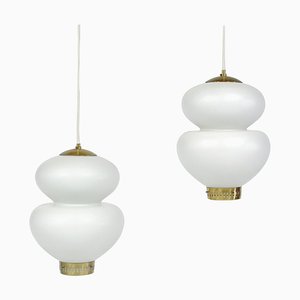 Danish Modern Glass Snowball Pendant Lamps by Bent Karlby for Lyfa, 1940s, Set of 2-WRF-714078