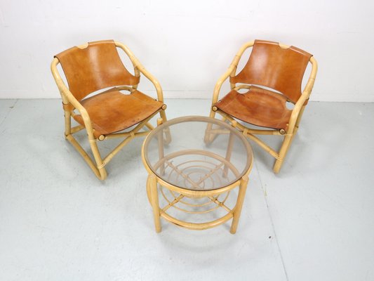 Danish Modern Manilla Lounge Chairs & Table in Bamboo and Saddle Leather, 1960s, Set of 3-DT-2026276