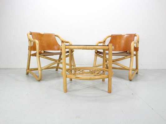 Danish Modern Manilla Lounge Chairs & Table in Bamboo and Saddle Leather, 1960s, Set of 3-DT-2026276