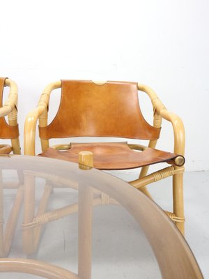 Danish Modern Manilla Lounge Chairs & Table in Bamboo and Saddle Leather, 1960s, Set of 3-DT-2026276