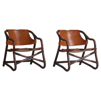 Danish Modern Oak Stained Bamboo and Saddle Leather Manilla Armchairs, Set of 2-WRF-1449442