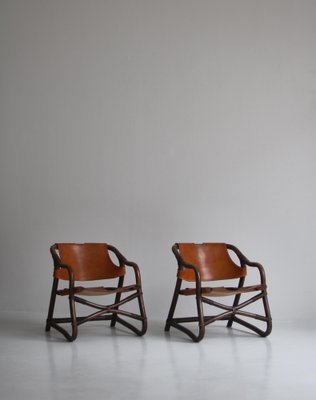 Danish Modern Oak Stained Bamboo and Saddle Leather Manilla Armchairs, Set of 2-WRF-1449442