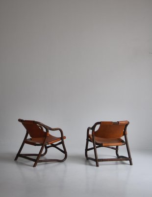 Danish Modern Oak Stained Bamboo and Saddle Leather Manilla Armchairs, Set of 2-WRF-1449442