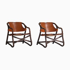 Danish Modern Oak Stained Bamboo and Saddle Leather Manilla Armchairs, Set of 2-WRF-1449442