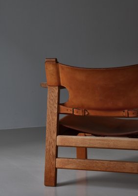 Danish Modern Spanish Chair in Oak and Saddle Leather attributed to Børge Mogensen for Fredericia, 1950s-WRF-1791215