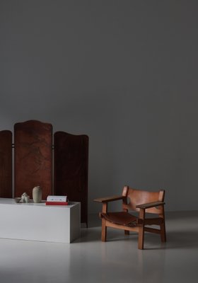 Danish Modern Spanish Chair in Oak and Saddle Leather attributed to Børge Mogensen for Fredericia, 1950s-WRF-1791215