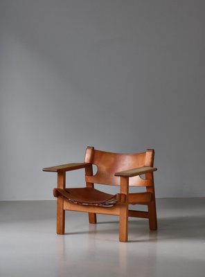 Danish Modern Spanish Chair in Oak and Saddle Leather attributed to Børge Mogensen for Fredericia, 1950s-WRF-1791215