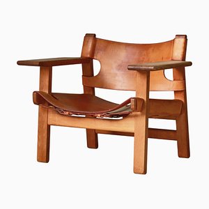 Danish Modern Spanish Chair in Oak and Saddle Leather attributed to Børge Mogensen for Fredericia, 1950s-WRF-1791215