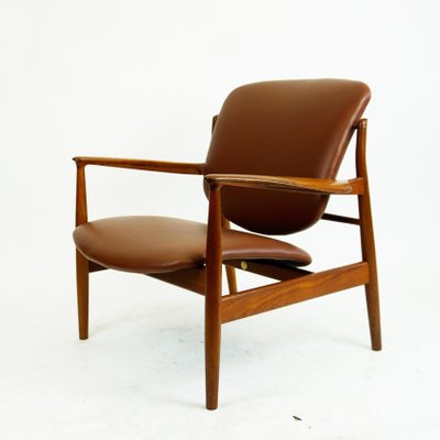 Danish Modern Teak and Brown Leather Lounge Chair by Finn Juhl for France and Son-MH-1159216