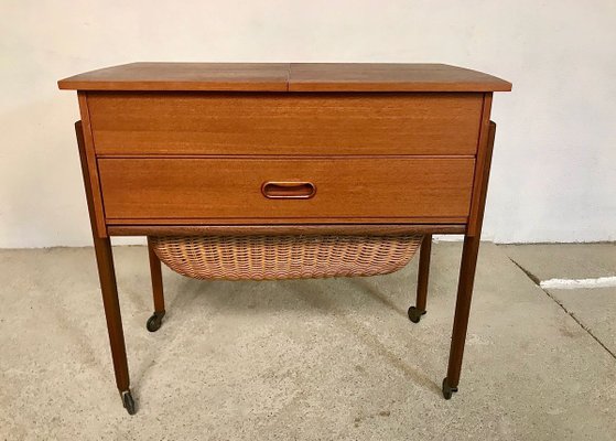 Danish Modern Teak and Wicker Sewing Table or Storage Trolley, 1960s-JP-778282