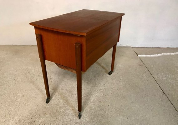 Danish Modern Teak and Wicker Sewing Table or Storage Trolley, 1960s-JP-778282