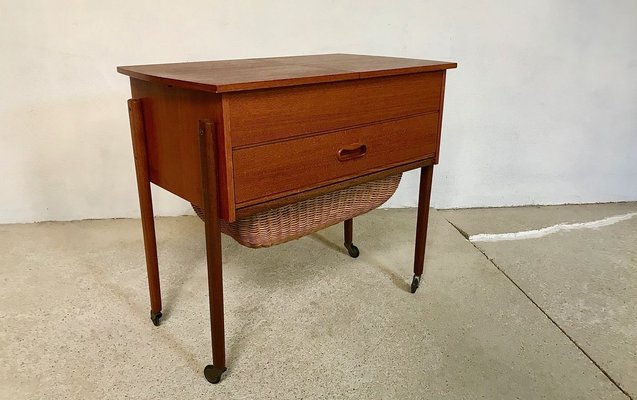 Danish Modern Teak and Wicker Sewing Table or Storage Trolley, 1960s-JP-778282