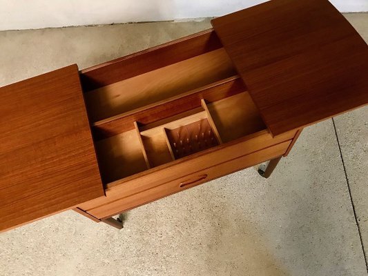 Danish Modern Teak and Wicker Sewing Table or Storage Trolley, 1960s-JP-778282