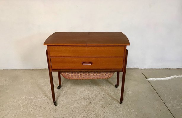 Danish Modern Teak and Wicker Sewing Table or Storage Trolley, 1960s-JP-778282