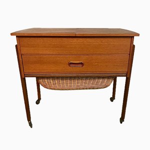 Danish Modern Teak and Wicker Sewing Table or Storage Trolley, 1960s-JP-778282