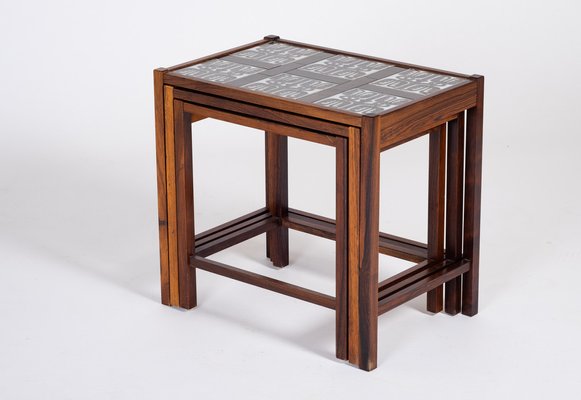 Danish Nesting Tables in Rosewood with Tiles, 1960s, Set of 3-ZGQ-1383978