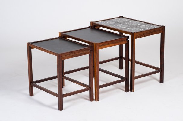 Danish Nesting Tables in Rosewood with Tiles, 1960s, Set of 3-ZGQ-1383978