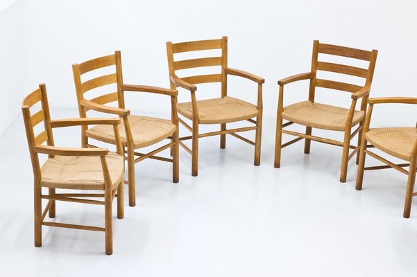 Danish Oak & Paper Cord Armchairs by Viggo Hardie-Fischer for Sorø Stolefabrik, 1950s, Set of 6-TM-945958