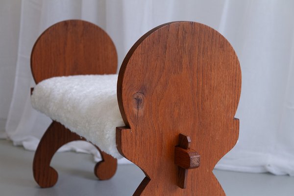 Danish Oak Stool with Lambskin Seat, 1900s-WIX-1700374