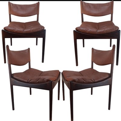 Danish Rosewood Brown Leather Dining Chairs by Kristian Solmer Vedel, 1963, Set of 4-TCS-1156255