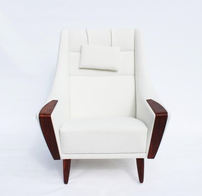 Danish Rosewood Easy Chair with Tall Back Upholstered in White Fabric, 1960s-UY-702032