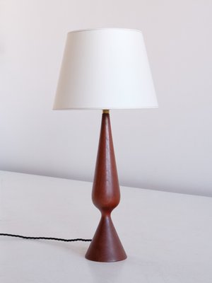 Danish Sculptural Table Lamp in Teak Wood and Ivory Drum Shade, 1960s-FMT-1140609