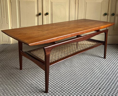 Danish Teak Coffee Table with Rattan Shelf from Topform, 1960s-WZZ-1719871