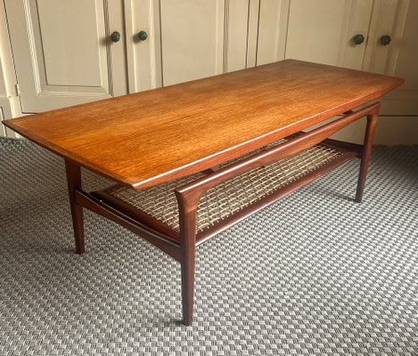 Danish Teak Coffee Table with Rattan Shelf from Topform, 1960s-WZZ-1719871