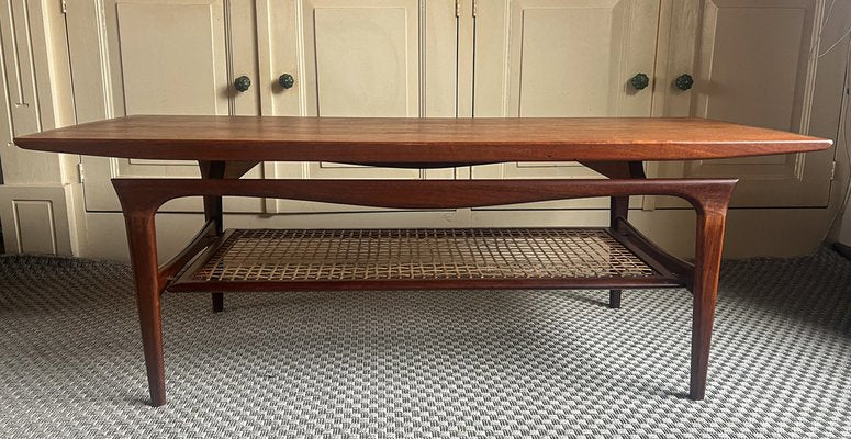 Danish Teak Coffee Table with Rattan Shelf from Topform, 1960s-WZZ-1719871