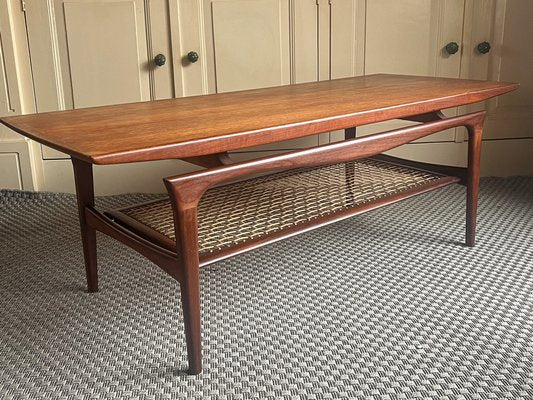 Danish Teak Coffee Table with Rattan Shelf from Topform, 1960s-WZZ-1719871