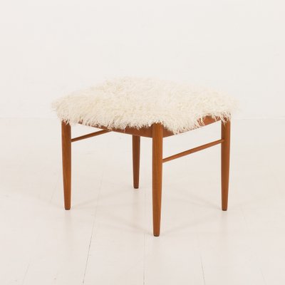 Danish Teak Footstol in Long Hair Sheepskin by Bramin, 1960s-UE-2043866