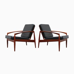 Danish Teak Paper Knife Lounge Chairs in Black by Kai Kristiansen for Magnus Olesen, Set of 2-WIP-986797