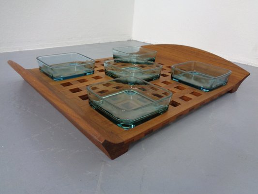 Danish Teak Tray With Glass Bowls, 1960s-RDW-1275964