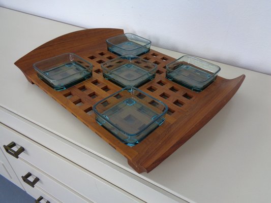 Danish Teak Tray With Glass Bowls, 1960s-RDW-1275964