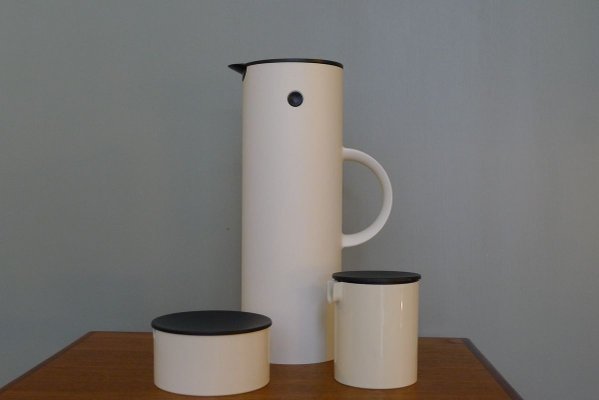 Danish White Model EM77 Thermos, Sugar Bowl, and Creamer Set by Erik Magnussen for Stelton, 1970s, Set of 6-VRE-715603