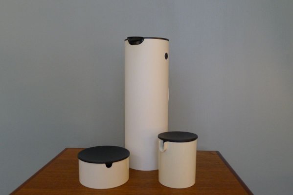 Danish White Model EM77 Thermos, Sugar Bowl, and Creamer Set by Erik Magnussen for Stelton, 1970s, Set of 6-VRE-715603